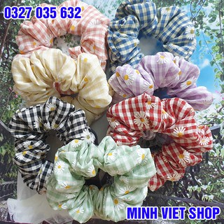 Cột Tóc Vải Scrunchies Kẻ Caro Hoa Cúc