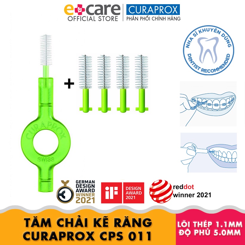 [Mã BMBAU50 giảm 7% đơn 99K] Bộ 5 đầu tăm kẽ răng và 1 tay cầm Curaprox CPS 011 handy (Xanh lá)