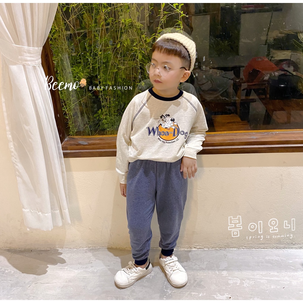 Set bộ quần áo Beemo chất cotton in hình chú chó Whoa đi học đi chơi cho bé trai, bé gái từ 1 đến 7 tuổi 21B153