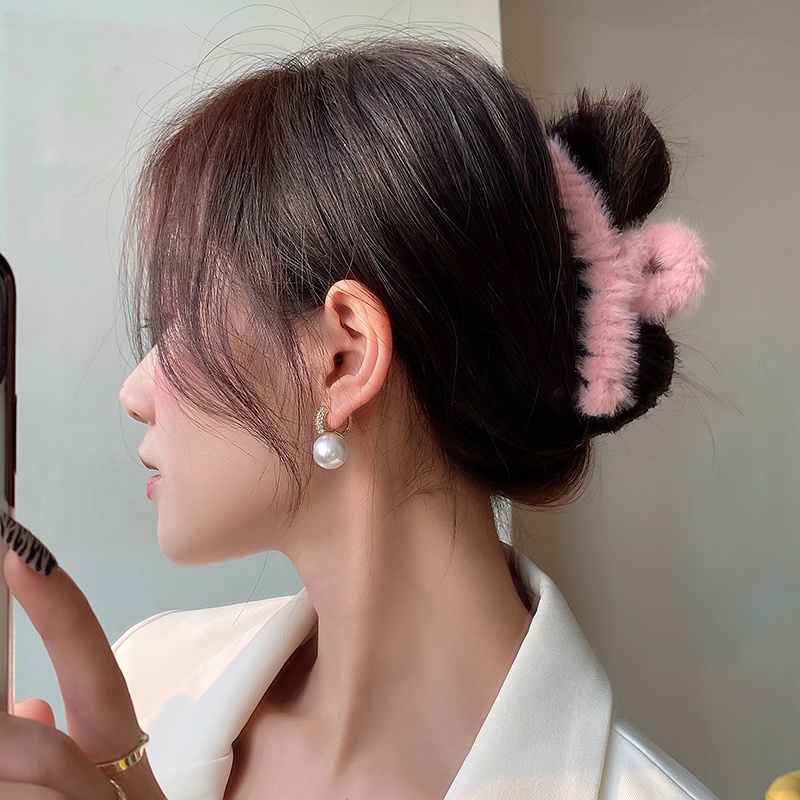 Kẹp Tóc Càng Cua Màu Kẹo Trơn / Trắng Hồng / Xám Bằng Lông Nhung Dễ Thương Xinh Xắn