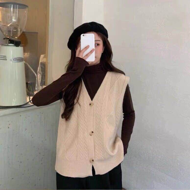 Áo len không tay cổ chữ v form rộng phong cách Hàn quốc