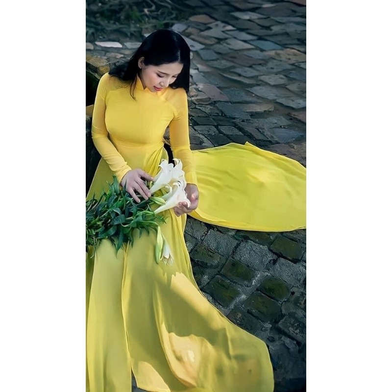 Áo dài màu Vàng 4 tà truyền thống, lụa chiffon cao cấp, không nhăn xù ┃  Ngọc Trang may sẵn đủ size