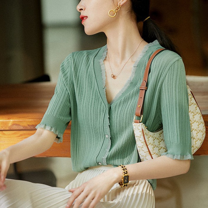 Áo Khoác Cardigan Lụa Lạnh Mỏng Tay Lửng Dáng Rộng Cổ Chữ v Thời Trang Hè Thu 2022 Phong Cách Hàn Quốc Cho Nữ