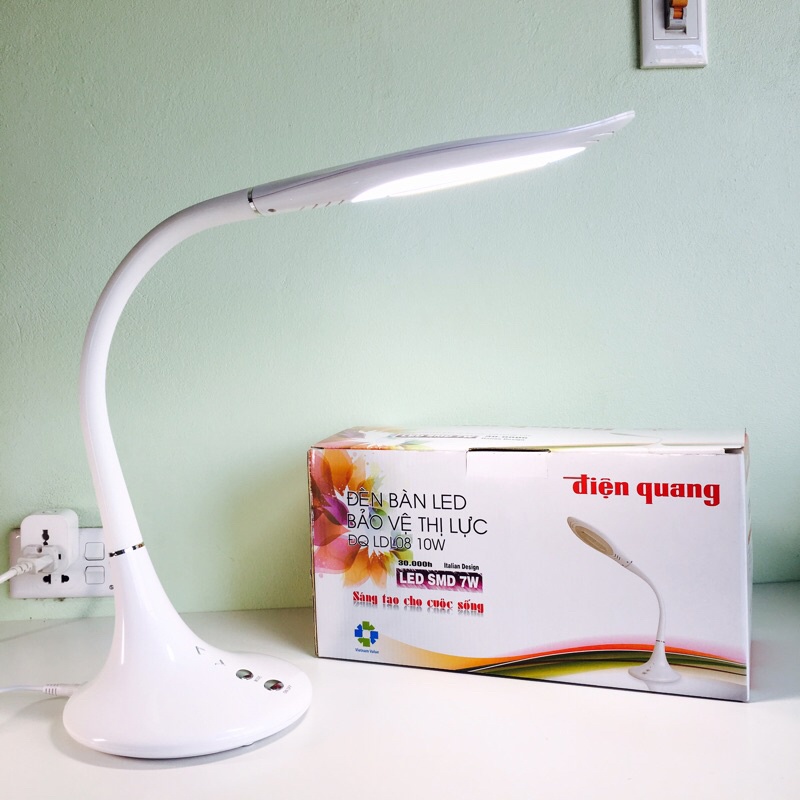 Đèn Bàn Làm Việc Cao Cấp Điện Quang ĐQ LDL08, BH 12 tháng Chính Hãng, Đế Tròn, Màu Trắng, Cảm Ứng
