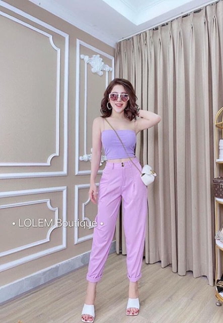 Set crop tím 2 dây và quần Tây baggy