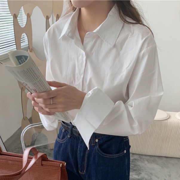 Áo Sơ mi Tay Dài Dáng Rộng Màu Xanh Dương Thời Trang Xuân Thu Cho Nữ