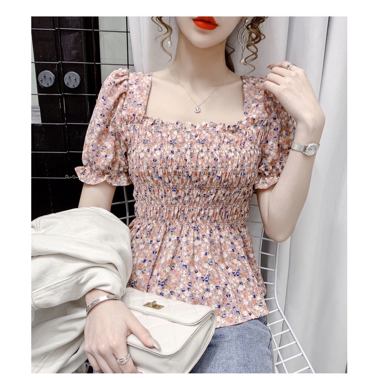 Áo Chiffon Cổ Vuông Tay Ngắn Họa Tiết Hoa Phong Cách Pháp Thời Trang Cho Nữ