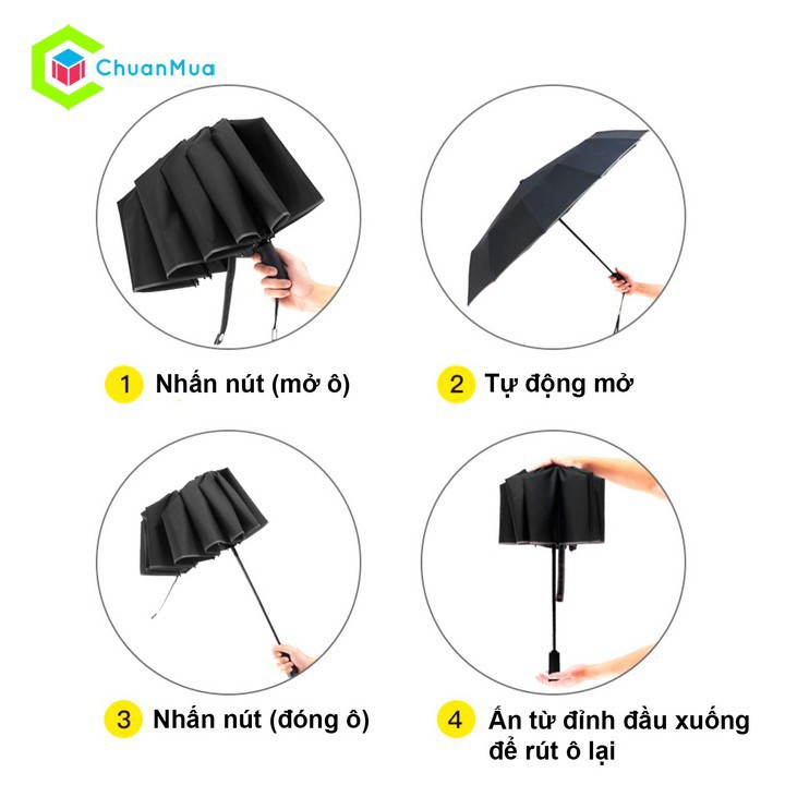 Ô Dù Tự Động Gấp Gọn Ô Tô  Nút Bấm Cao Cấp ( Lớn 12 NAN Xương, 2 Chiều Gấp Ngược Đi Mưa , Che Nắng Chống Tia UV, LED ..)