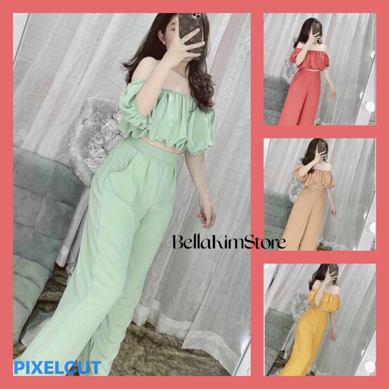 Set voan lụa croptop quần ống suông chanh xã