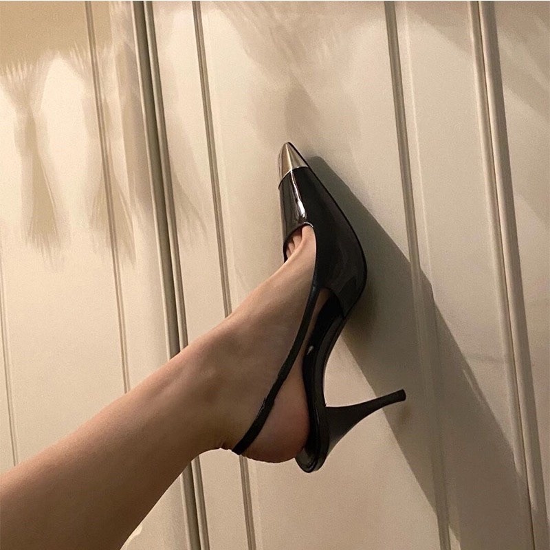 SẴN 37 6cm Giày cao gót Rose hở gót đế nhọn mũi Bạc ,Sandal sang chảnh ,Giày Cao Gót Mũi Vuông Phối Khóa Kim Loại Màu