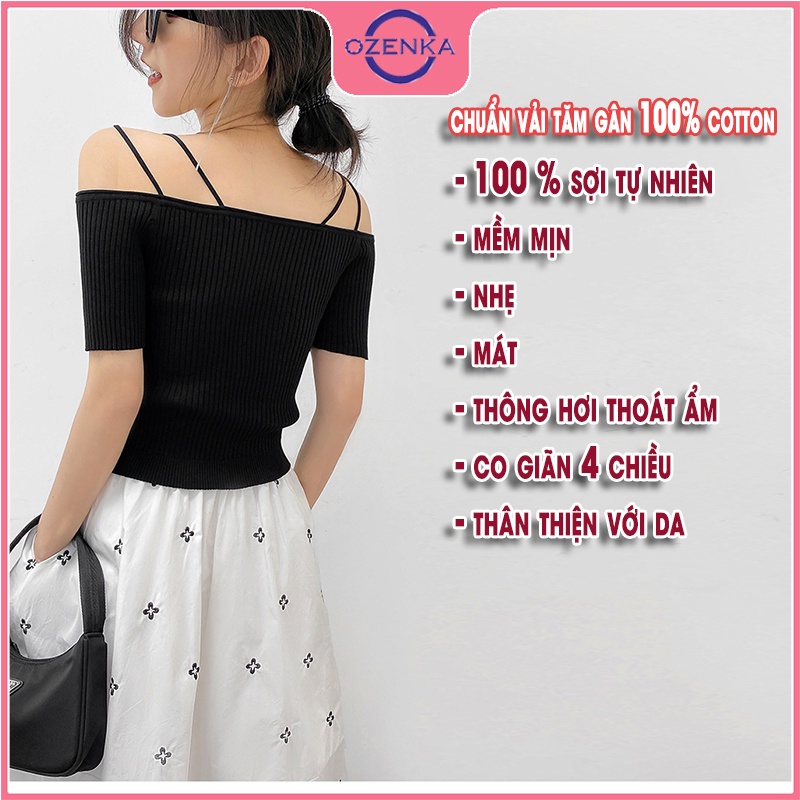 Áo croptop kiểu hàn quốc trễ vai tay ngắn nữ ozenka , crt ôm body cổ v cài nút sang chảnh đen trắng dưới 50kg
