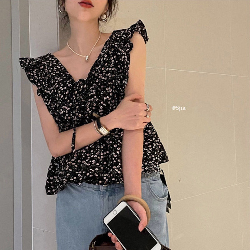 Áo Sơ Mi Không Tay Viền Nhún Bèo Họa Tiết Hoa Phong Cách Hàn Quốc