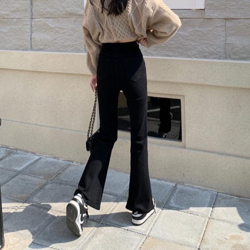 Urihouse - Quần jeans đen ống loe cạp cao chất co giãn siêu tôn dáng hack chân