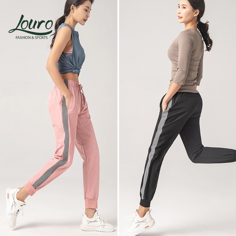 Quần jogger nữ tập gym Louro QL108, mẫu quần tập zumba, yoga, gym viền phản quang phát sáng cực đẹp