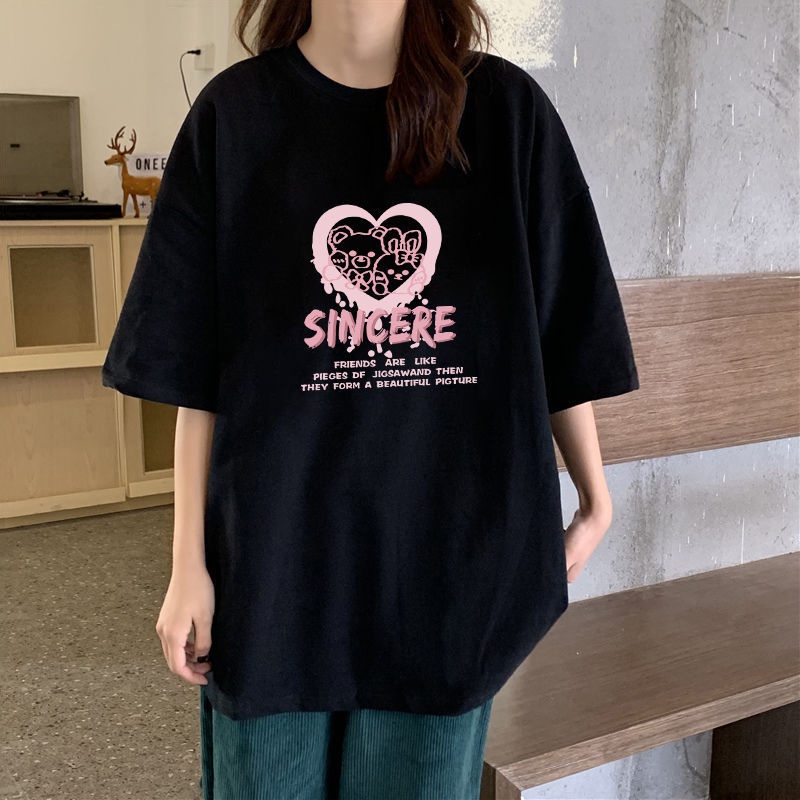 Áo Thun Cotton Ngắn Tay Dáng Rộng Màu Đen Thời Trang Mùa Hè Cho Nữ