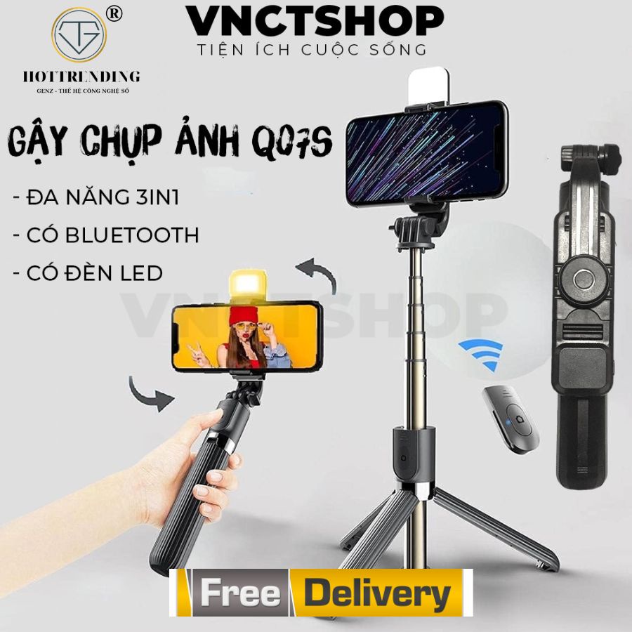 Gậy chụp ảnh tự sướng bluetooth Q07 có đèn LED trợ sáng tích hợp live steam chân đế tripod 3 chức năng