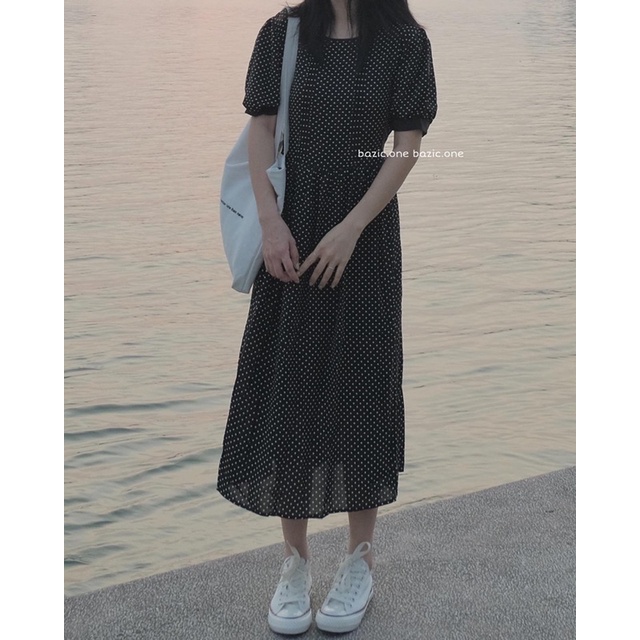 Váy babydoll dài Chấm Bi nhí, váy babydoll dài Hàn Quốc Bazic one