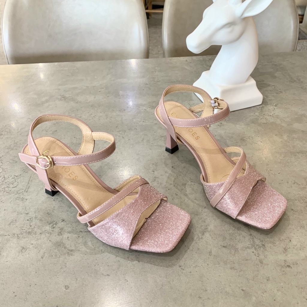 Dép Sandal Cao Gót Quai Ngang Mũi Vuông Kim Tuyến Evashoes - EVA8822