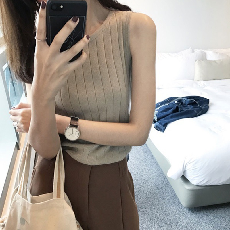 Áo Tank Top Dệt Kim Mỏng Không Tay Cổ Tròn Màu Trơn Đơn Giản Thời Trang Mùa Hè Cho Nữ
