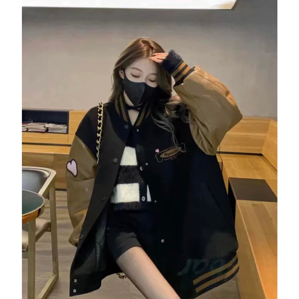 Áo Bomber Phối Tay Da CHICCLOTHES Nữ 🌸 Khoác raplang Unisex thêu tym Nâu chất nỉ pha da cực đẹp hottrend