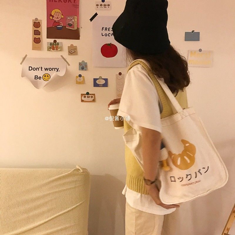 Túi Đeo Chéo Canvas Cỡ Lớn Họa Tiết Dễ Thương Phong Cách Vintage Hàn Quốc