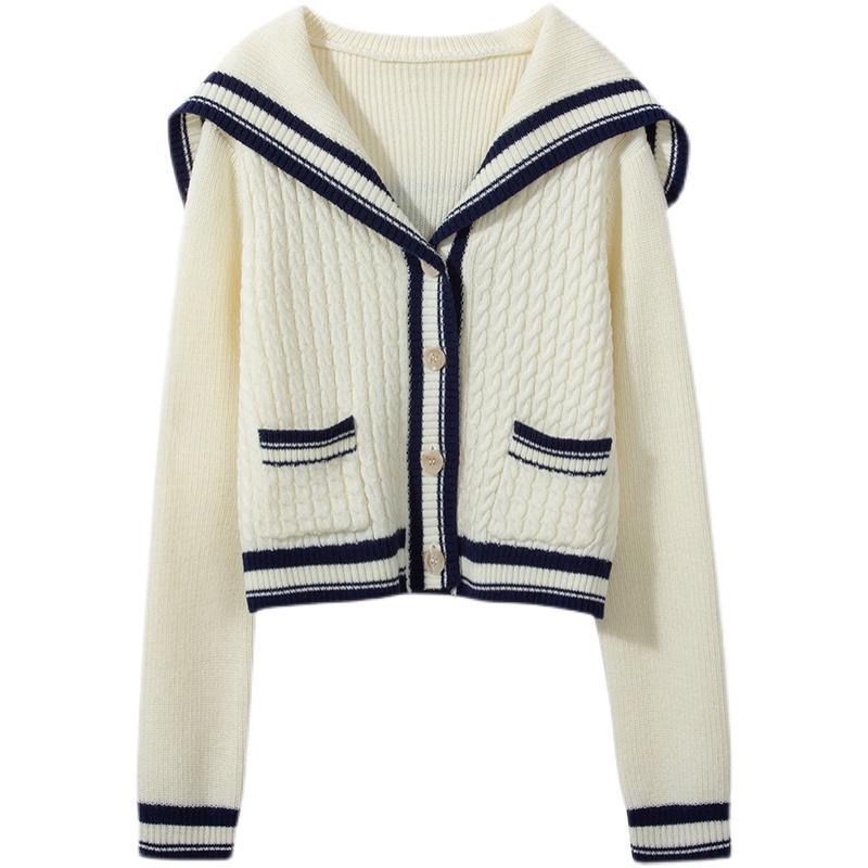 2022 New Spring and Autumn style Xiaoxiang style cardigan female knitted cardigan female navy lead short style college style sweater coat female