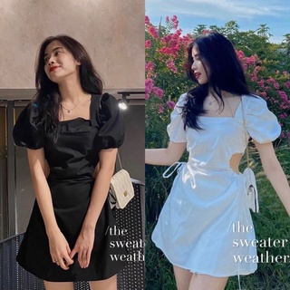 Đầm khoét eo cut-out lưng tay phồng rút dây