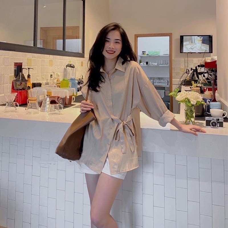 Áo sơ mi nữ lụa hàn form rộng kiểu buộc nơ eo dài tay màu trắng xanh be trơn xu hướng hàn quốc vintage 2022 Kozoda SM68
