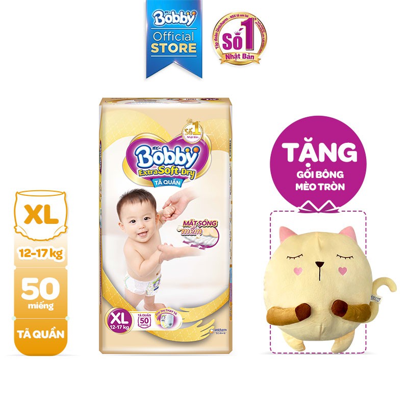 [Tặng Gối Bông Mèo Tròn] Tã Quần Bobby Extra Soft-Dry S70/M64/L56/XL50/XXL46