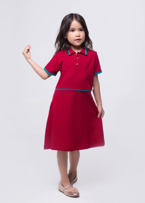Đầm thun đỏ viền xanh bé gái Jadiny