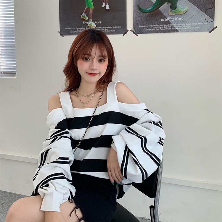 Áo Len Dài Tay Trễ Vai Dáng Rộng Họa Tiết Kẻ Sọc Thời Trang Mùa Thu Hàn Quốc 2020 Xs-4Xl