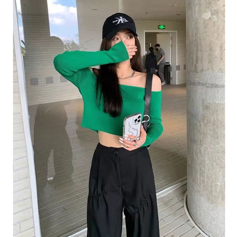 Áo sweater Dệt Kim Mỏng Ngắn Trễ Vai Màu Xanh Lá Thời Trang Mùa Xuân Cho Nữ