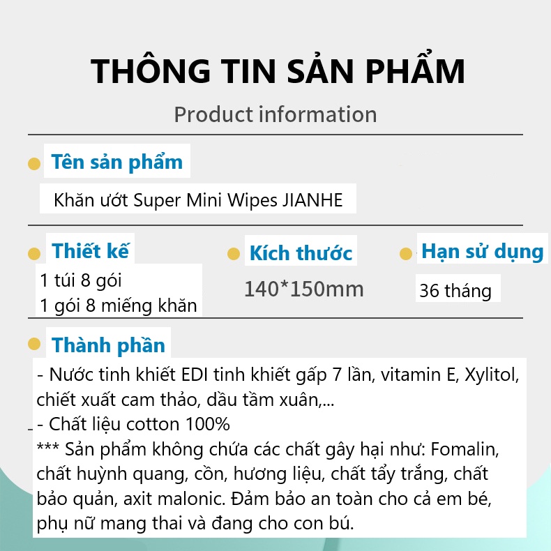 Khăn Ướt Super Mini JIANHE Baby Wipes Tiện Lợi Dễ Thương 1 Gói 8 Miếng