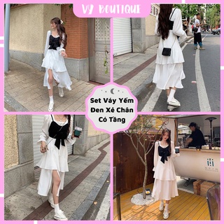Set Váy Yếm Đen Xẻ Chân Có Tầng Chất Đũi Siêu Mát