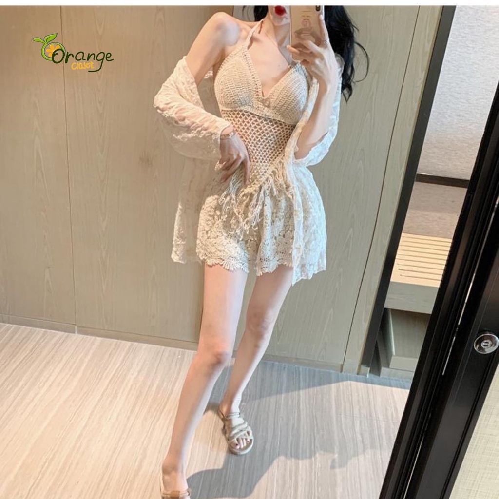 Bikini Ren Đi biển 3 Món Có Bán Rời Bộ Ren Bikini Set Ren Bikini Đi Biển Sét đồ đi biển đan móc Orange Closet br08