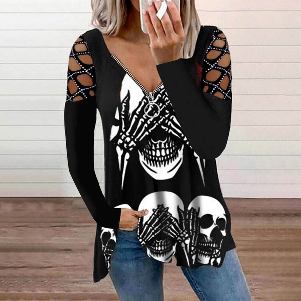 Áo Thun Tay Dài Cổ Chữ V Khoét Lỗ Hình Đầu Lâu Phong Cách Halloween Thời Trang Thu Đông Mới Dành Cho Bạn Nữ