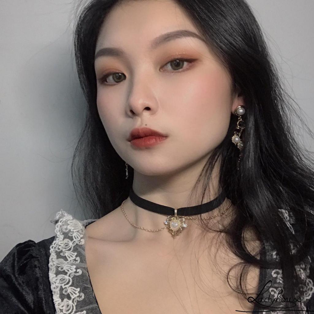 Vòng cổ dây nhung mặt trái tim vàng đính ngọc trai nhân tạo phong cách cổ điển dành cho nữ