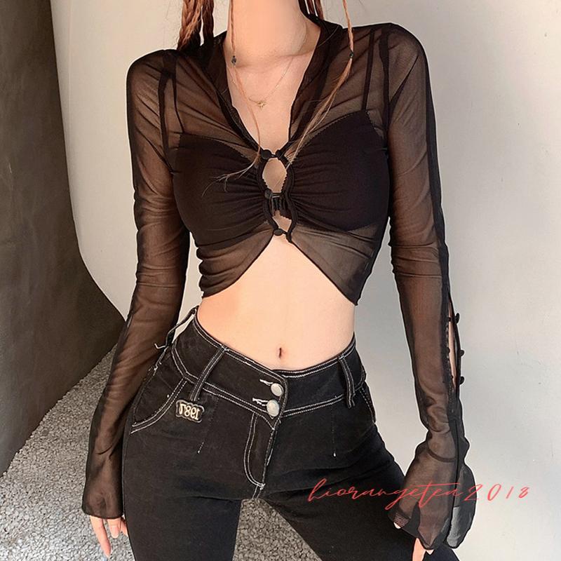 Áo Croptop Tay Dài Phối Lưới Xuyên Thấu Thời Trang Cho Nữ