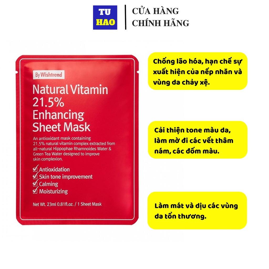 Bán lẻ miếng Mặt nạ giấy dưỡng trắng da làm mờ vết thâm By Wishtrend Natural Vitamin C 21.5 Enhancing Sheet Mask 23ml