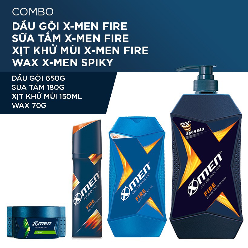 X-MEN -   Combo Dầu gội XMen Fire 650g+Sữa tắm 180g+Sáp vuốt tóc Clean cut 70g+Xịt khử mùi 150ml - Giá Sỉ