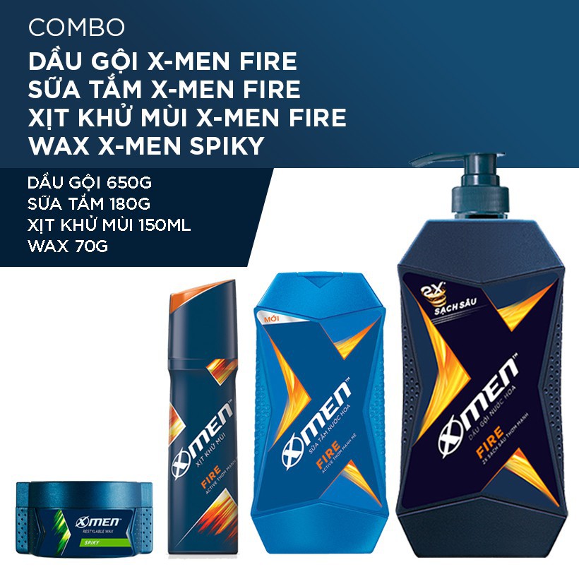 GIÁ SỐC -   Combo Dầu gội XMen Fire 650g+Sữa tắm 180g+Sáp vuốt tóc Clean cut 70g+Xịt khử mùi 150ml - Chính Hãng