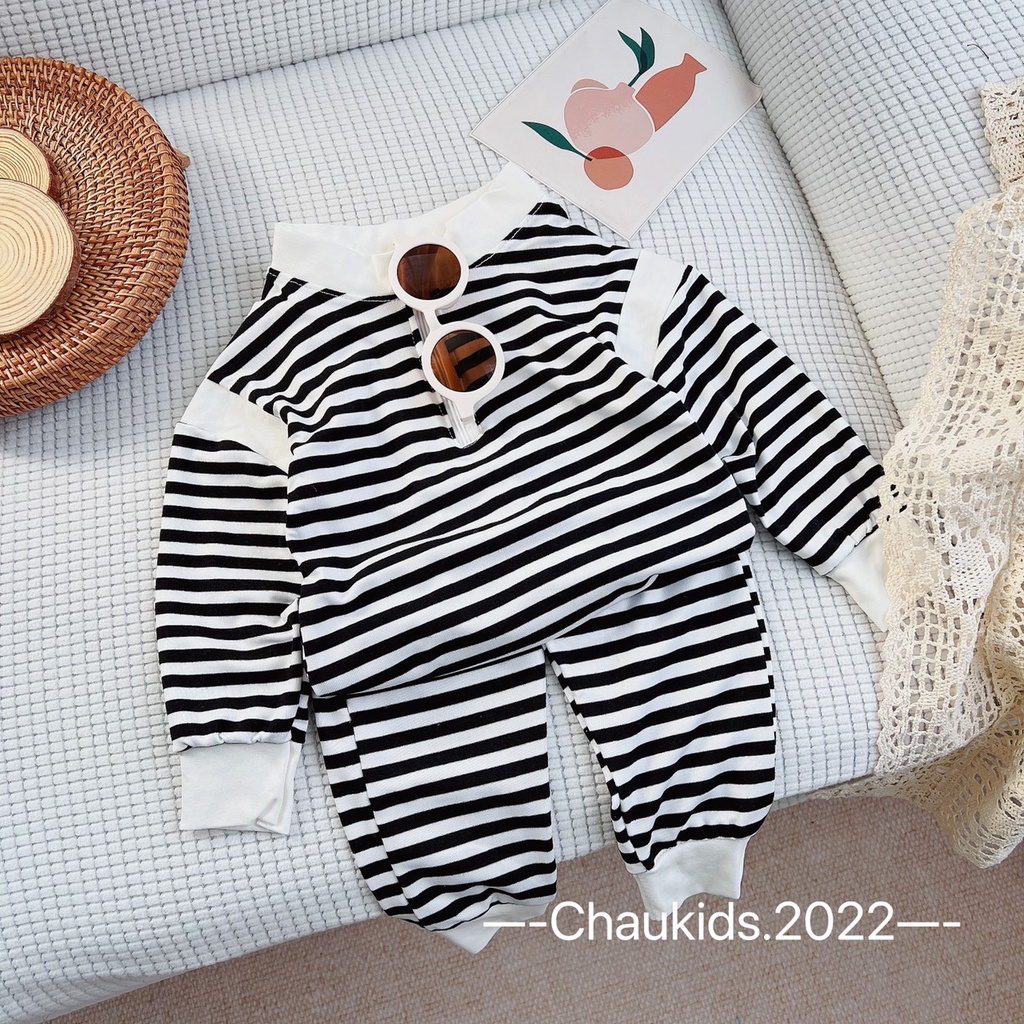 [SALE] Bộ Dài Tay Vải Len Zip Hàn Quốc Bé Trai, Bé Gái Kẻ Sọc Phối Tay, Bộ Quần Áo Cho Bé Mặc Thu Đông CKTD15