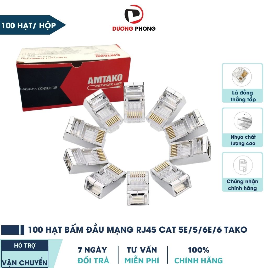 Hạt mạng cat6 RJ45 AMTAKO/AMP đầu bấm dây mạng xịn dùng bấm đầu cáp Cat6e, cat6, cat5e, cat5 dùng được cho UTP lẫn SFTP
