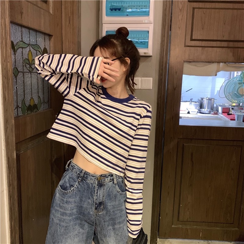 2020 new small retro hot girl short stripe T-shirt long sleeve top bottom | BigBuy360 - bigbuy360.vn