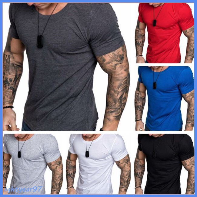 blue casual shirt white color Men T Shirt Summer Round Collar Short Sleeved Solid Color Casual Tops