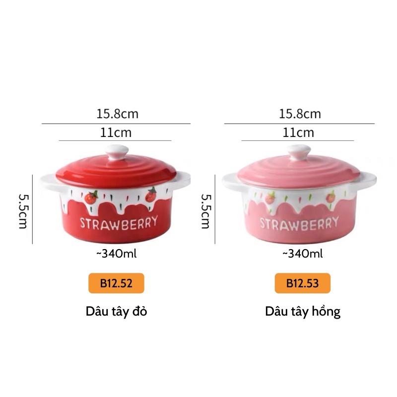 Bát sứ - Bát sứ có nắp - Hũ dâu tây đỏ mọng và hồng viền trắng Strawberry - làm bánh flan, đựng salad