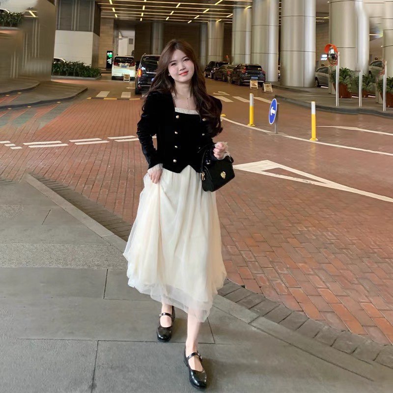 [Hàng l1]Set áo nhung cổ vuông mix chân váy lưới xoè phong cách tiểu thư siêu xinh siêu xinh sẵn hàng | BigBuy360 - bigbuy360.vn