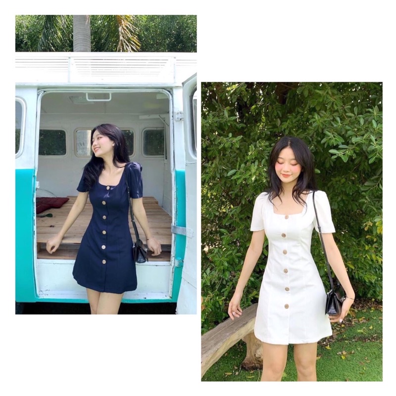Đầm cổ vuông tay ngắn, váy dự tiệc chữ A phối nút chất liệu mềm mịn