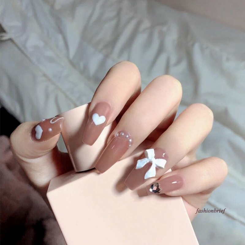 Bộ 24 móng tay giả dài che phủ toàn diện đính nơ trái tim màu trắng
