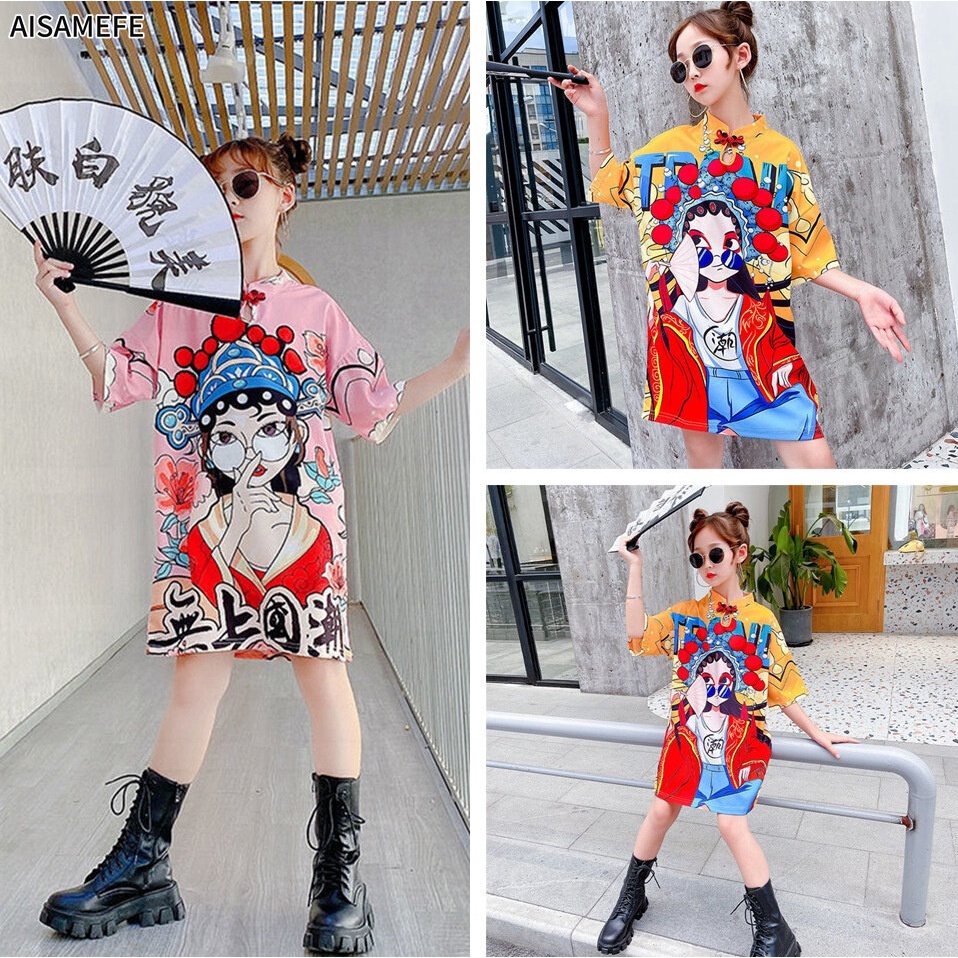 Đầm thun cotton in họa tiết hoạt hình phong cách Trung Quốc thời trang cho bé gái 3-15 tuổi
